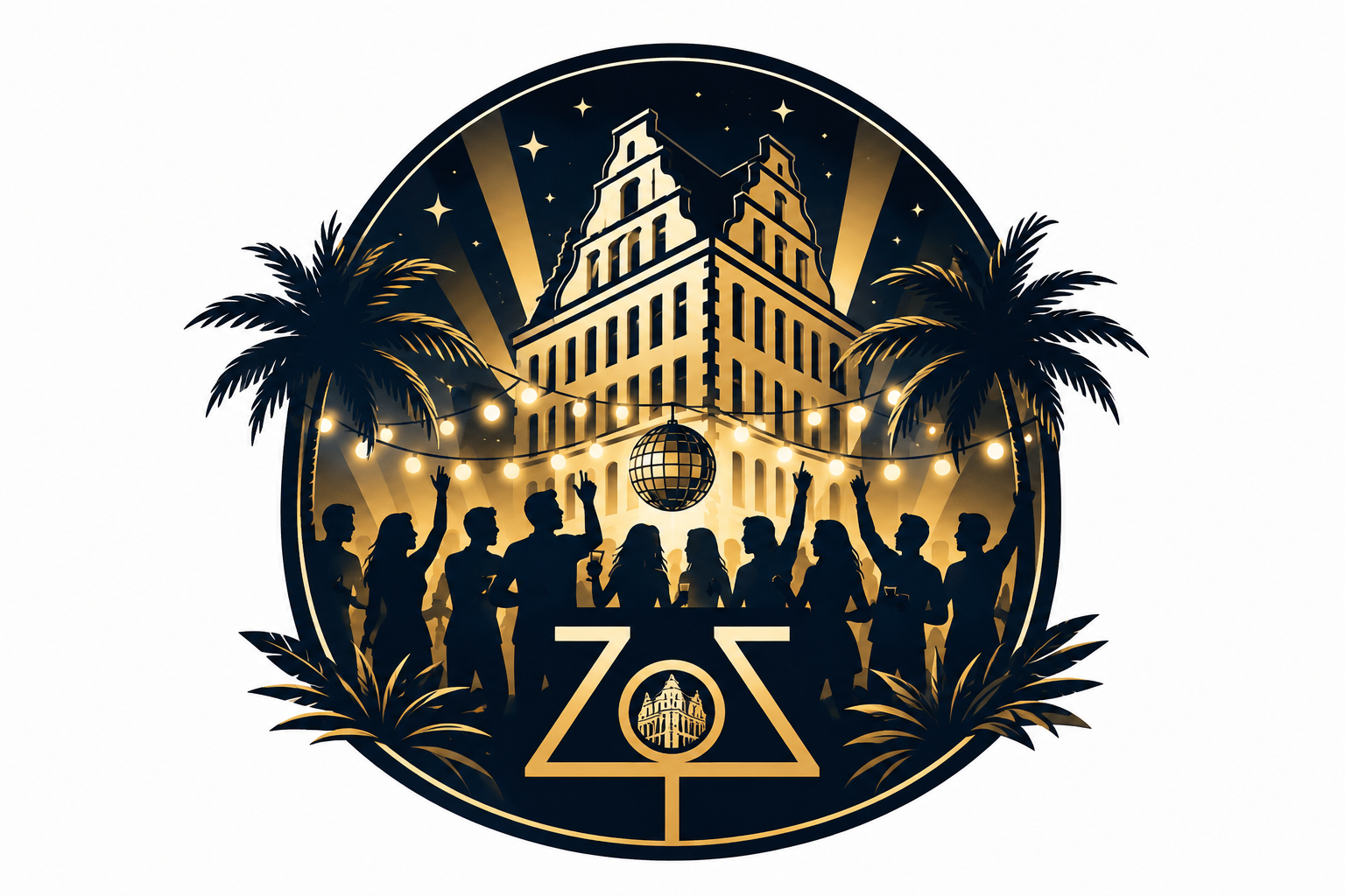 Inselparty-Logo mit Gilden im Zims, Palmen, Disco-Kugel und Partygesellschaft