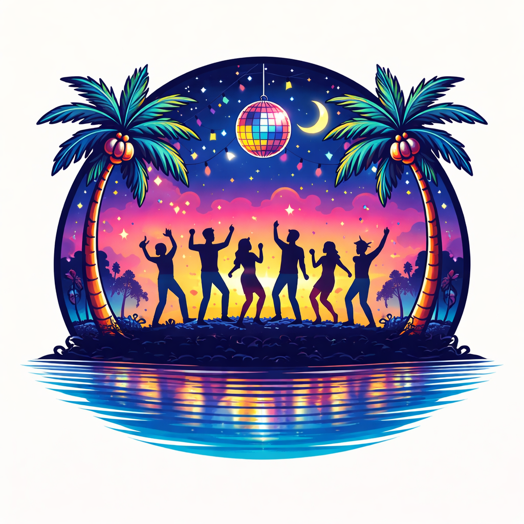 Illustration einer Partyinsel mit Palmen, Disco-Kugel und tanzenden Menschen